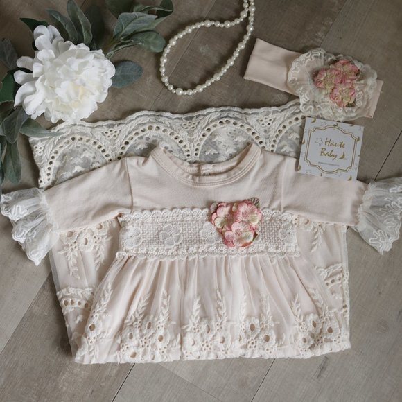 Haute Baby Ivory Peach Blush Cotton Embroidered Lace Dress Size 4 NWT - Picture 10 of 11